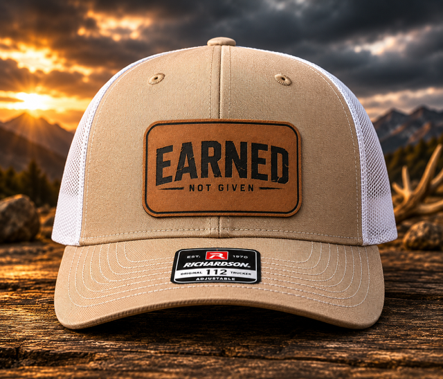 Beige / White  mesh-back trucker hat with a rawhide leatherette patch engraved with the Earned Not Given design.