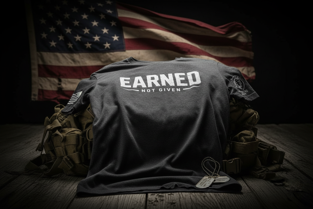 Black Warriors Dawn T-shirt with distressed white Earned Not Given front design, American flag on right sleeve and Warriors Dawn logo on left sleeve.