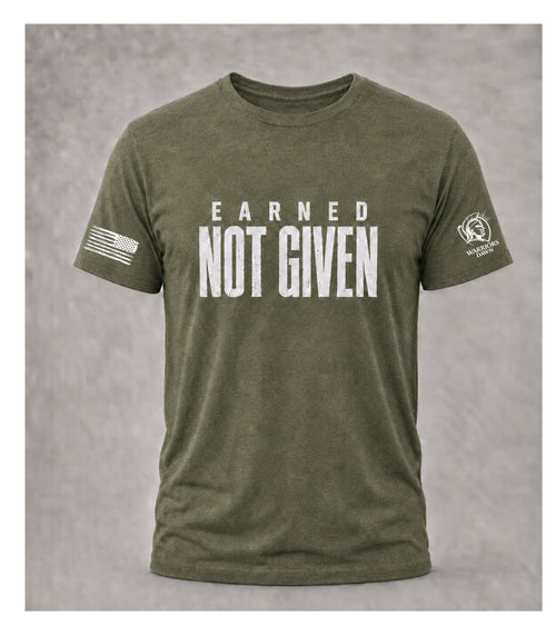Green Warriors Dawn T-shirt with distressed white Earned Not Given front design, American flag on right sleeve and Warriors Dawn logo on left sleeve.