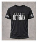 Black Warriors Dawn T-shirt with distressed white Earned Not Given front design, American flag on right sleeve and Warriors Dawn logo on left sleeve.