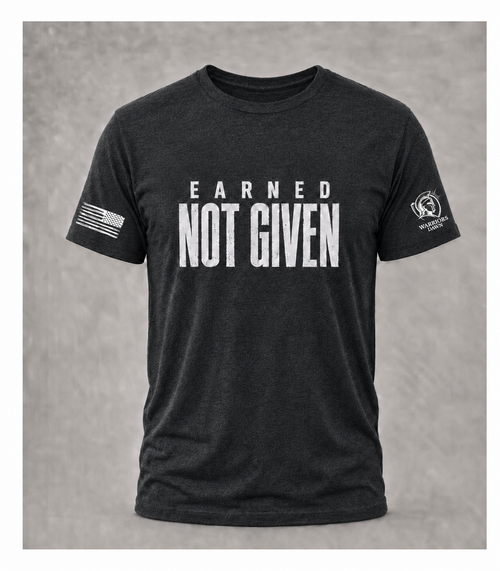Black Warriors Dawn T-shirt with distressed white Earned Not Given front design, American flag on right sleeve and Warriors Dawn logo on left sleeve.