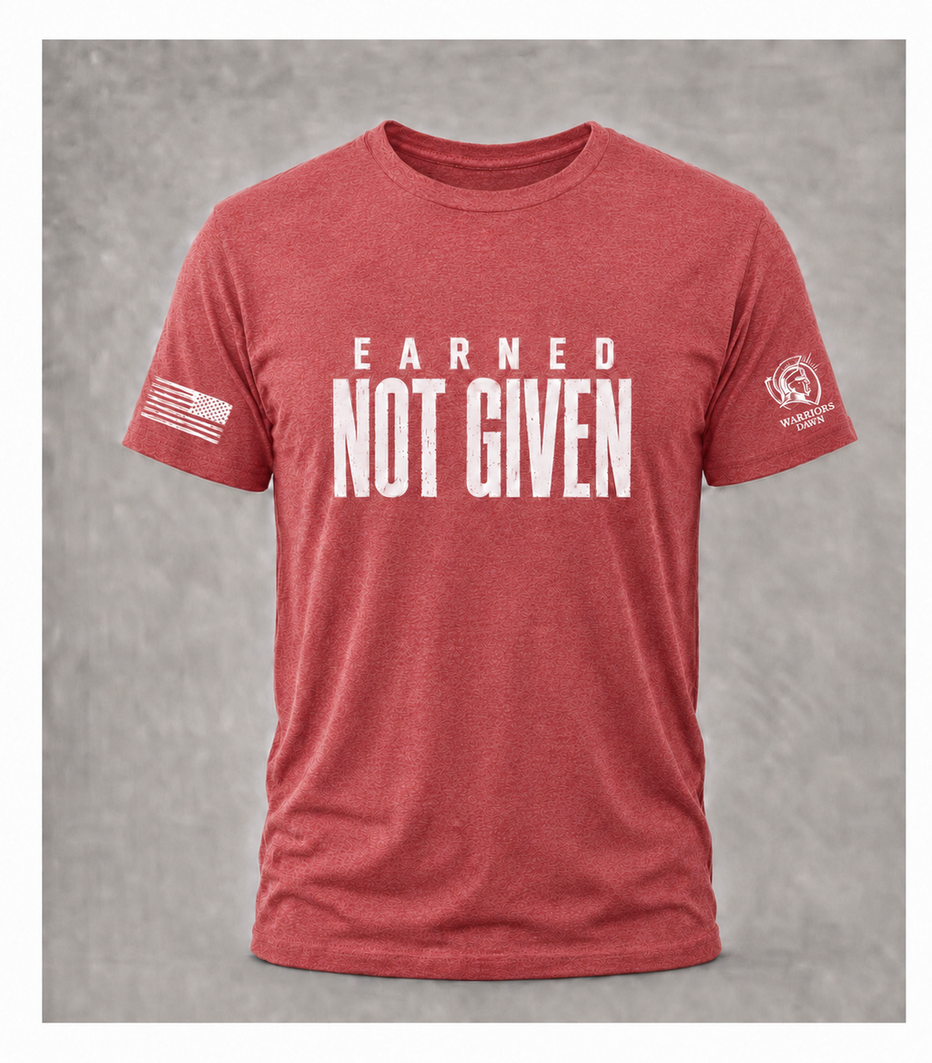 Red Warriors Dawn T-shirt with distressed white Earned Not Given front design, American flag on right sleeve and Warriors Dawn logo on left sleeve.