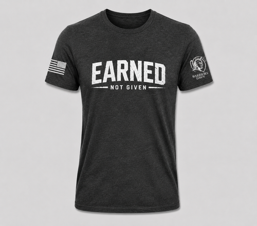 Black Warriors Dawn T-shirt with distressed white Earned Not Given front design, American flag on right sleeve and Warriors Dawn logo on left sleeve.