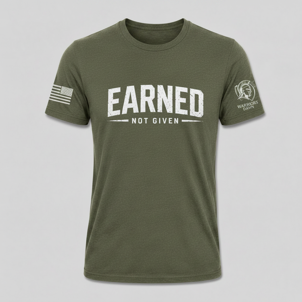 Green Warriors Dawn T-shirt with distressed white Earned Not Given front design, American flag on right sleeve and Warriors Dawn logo on left sleeve.