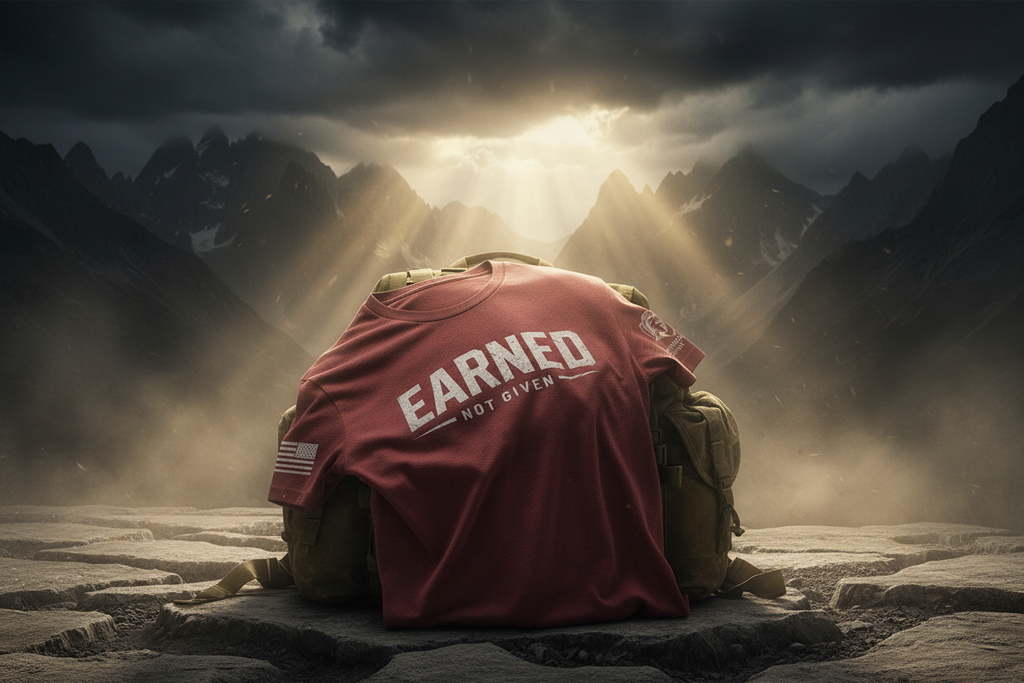 Red Warriors Dawn T-shirt with distressed white Earned Not Given front design, American flag on right sleeve and Warriors Dawn logo on left sleeve.