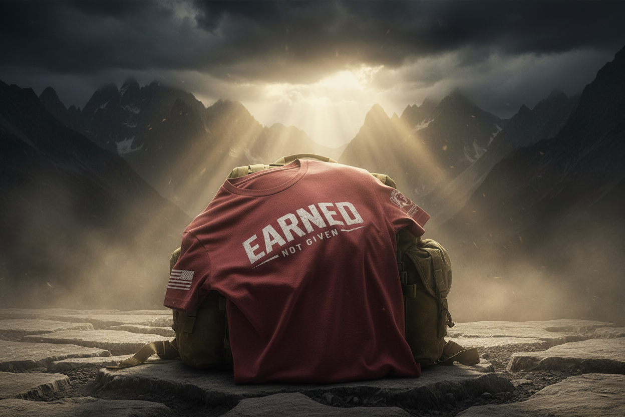 Red Warriors Dawn T-shirt with distressed white Earned Not Given front design, American flag on right sleeve and Warriors Dawn logo on left sleeve.