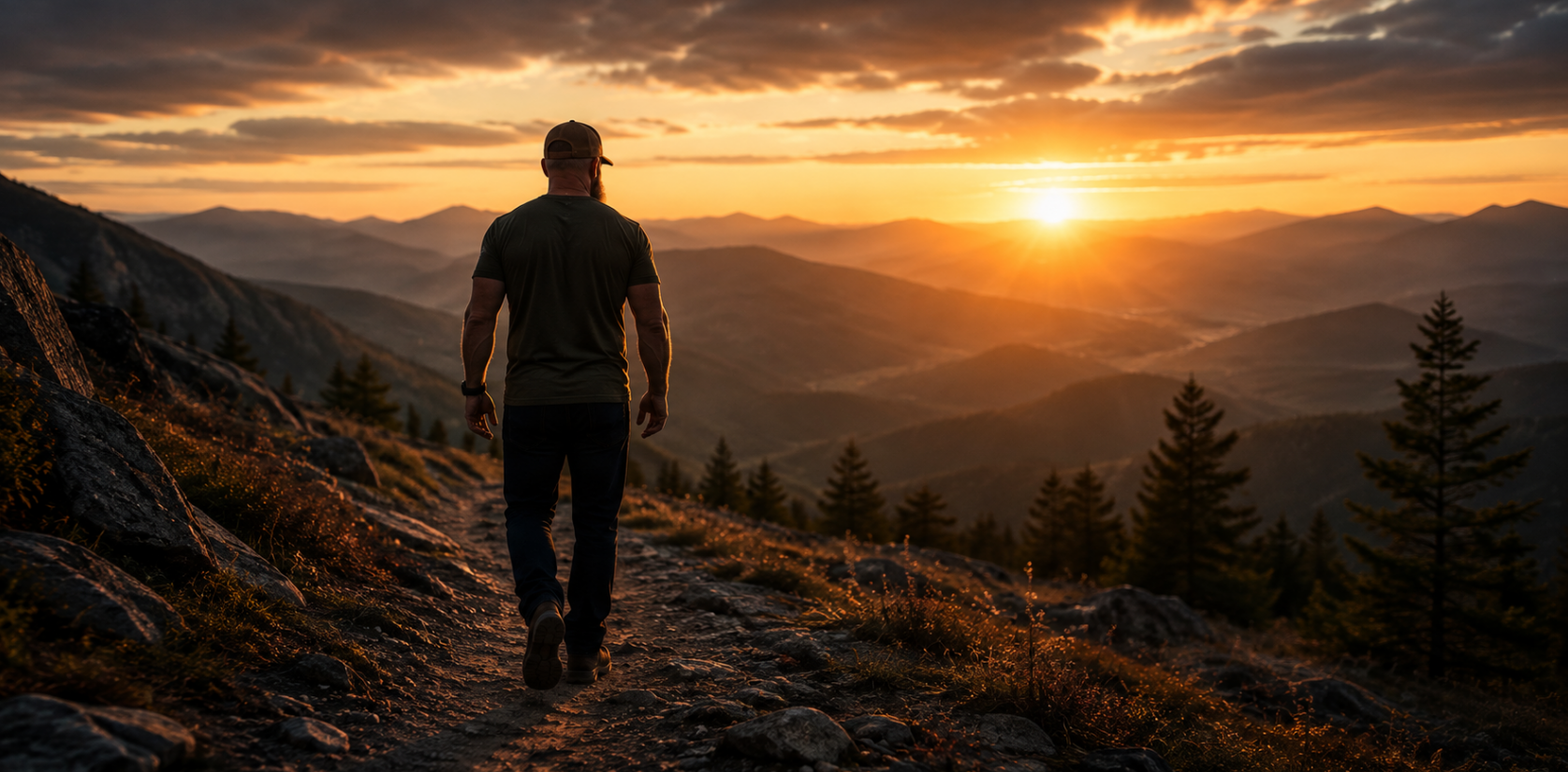 Warriors Dawn apparel — man hiking a mountain ridge at sunset, embodying the warrior ethos