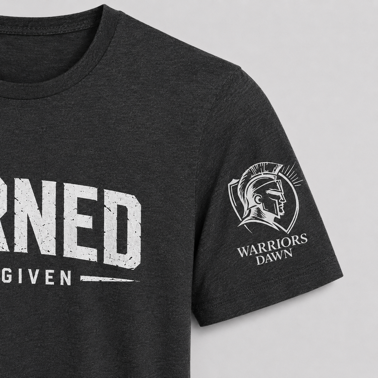 Black Warriors Dawn T-shirt with distressed white Earned Not Given front design, American flag on right sleeve and Warriors Dawn logo on left sleeve.