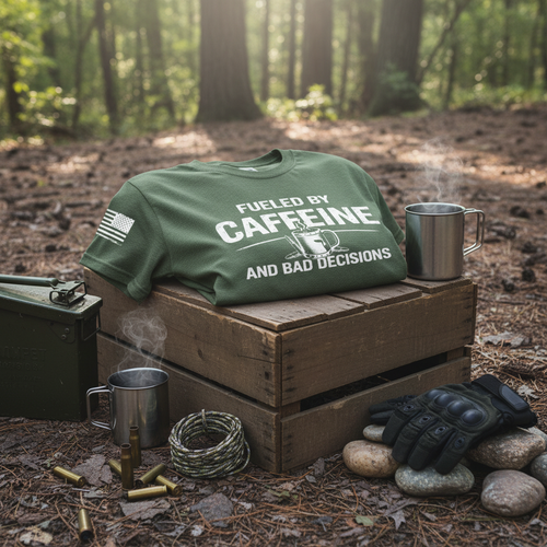 Military green Caffeine shirt outdoor setting