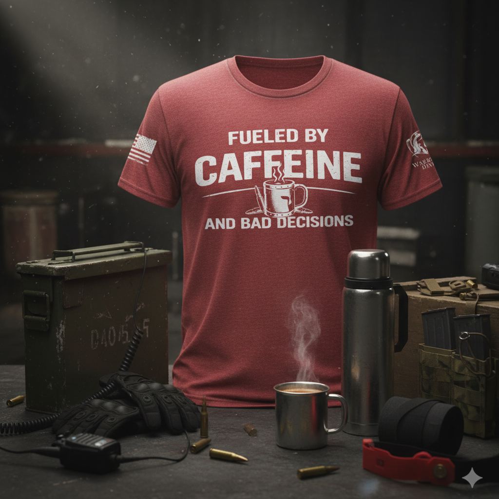 Vintage red Caffeine shirt tactical lifestyle with correct logos